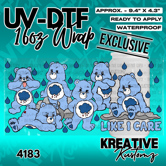 A UV DTF adhesive wrap for 16oz glass cans featuring blue Grumpy Bear characters and raindrops.