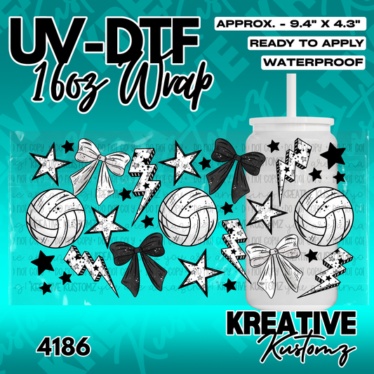 A UV DTF adhesive wrap featuring volleyballs, bows, stars, and lightning bolts for glass cups.