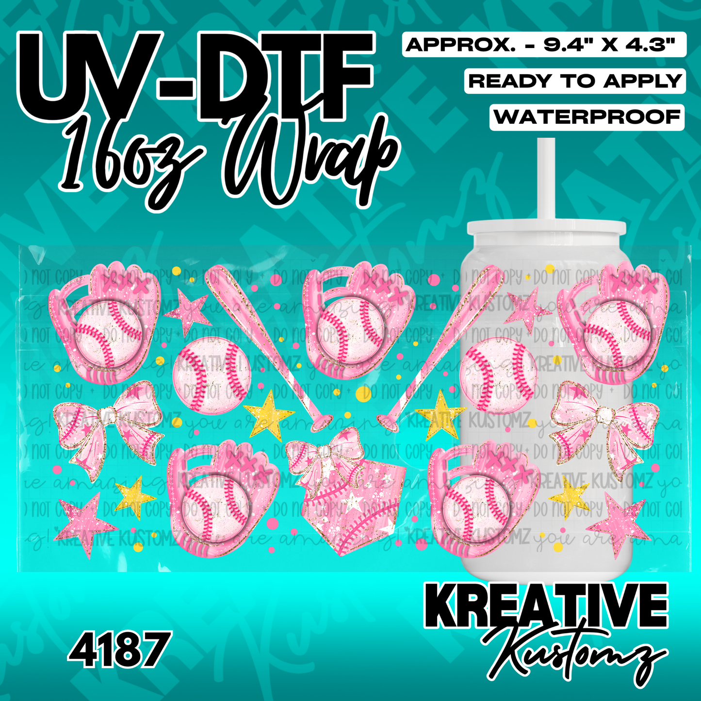 A pink baseball themed UV DTF adhesive wrap for a 16oz glass cup.