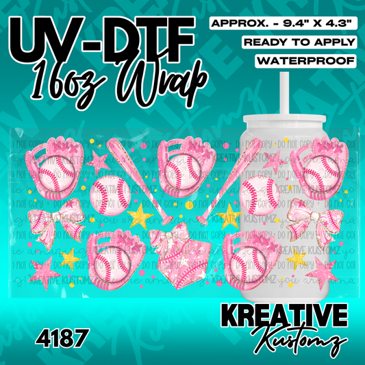 A pink baseball themed UV DTF adhesive wrap for a 16oz glass cup.