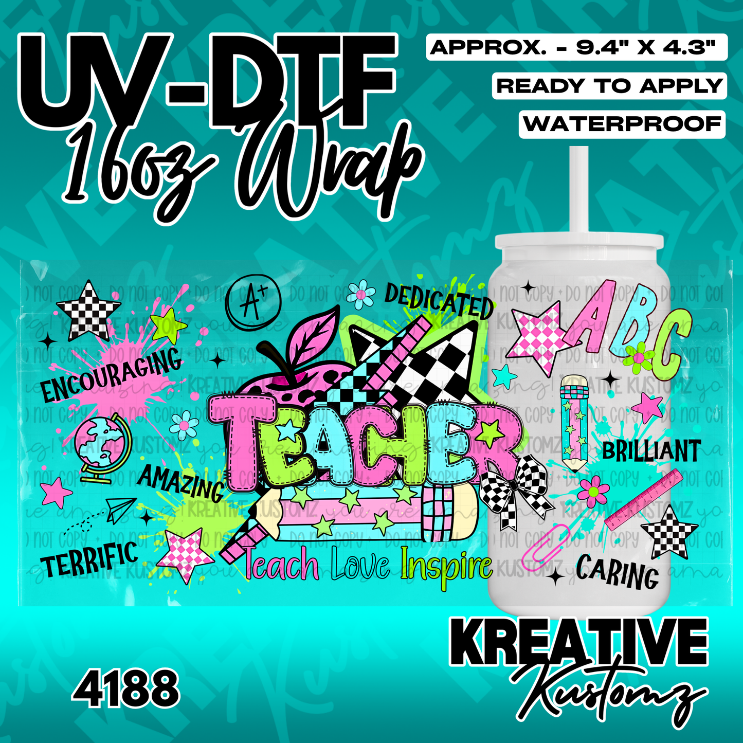A colorful teacher-themed UV DTF adhesive wrap for a 16oz glass can cup.