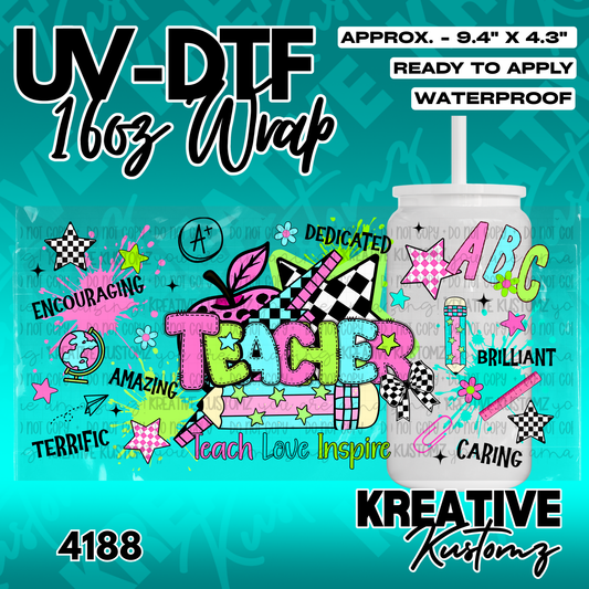 A colorful teacher-themed UV DTF adhesive wrap for a 16oz glass can cup.