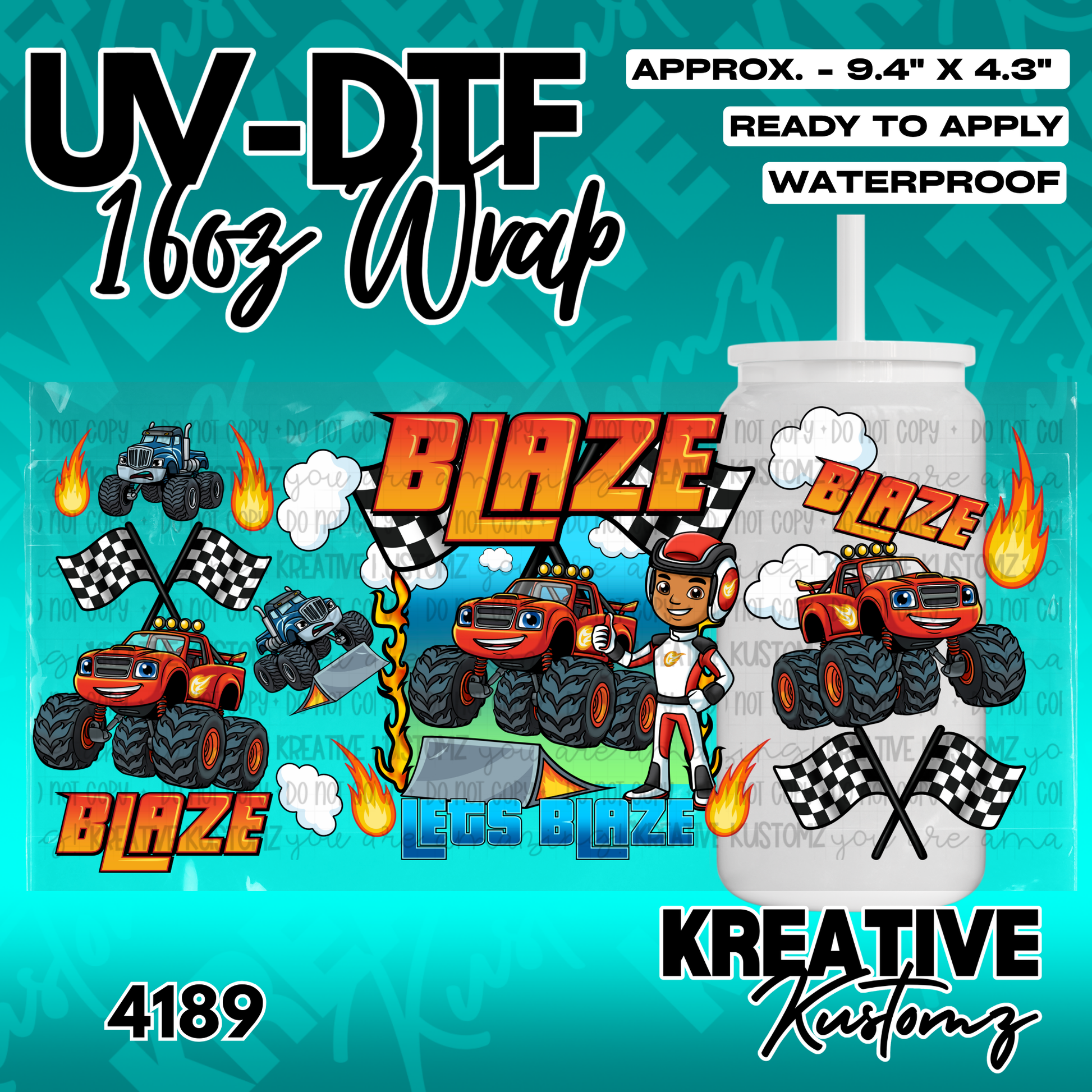 A Blaze and the Monster Machines themed UV DTF adhesive wrap for a 16oz glass cup.