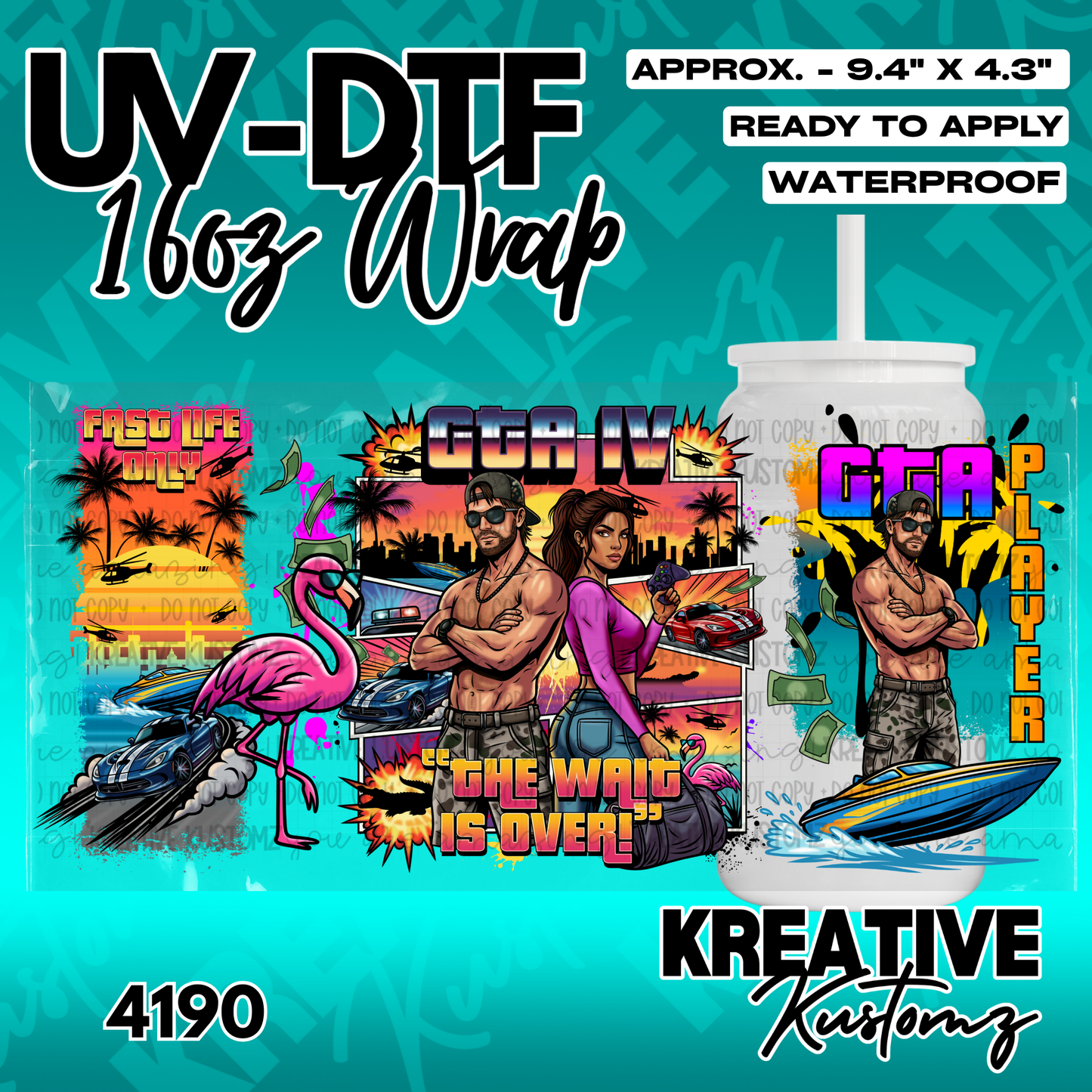 A UV DTF adhesive wrap for a 16oz glass cup featuring a colorful Grand Theft Auto inspired design.