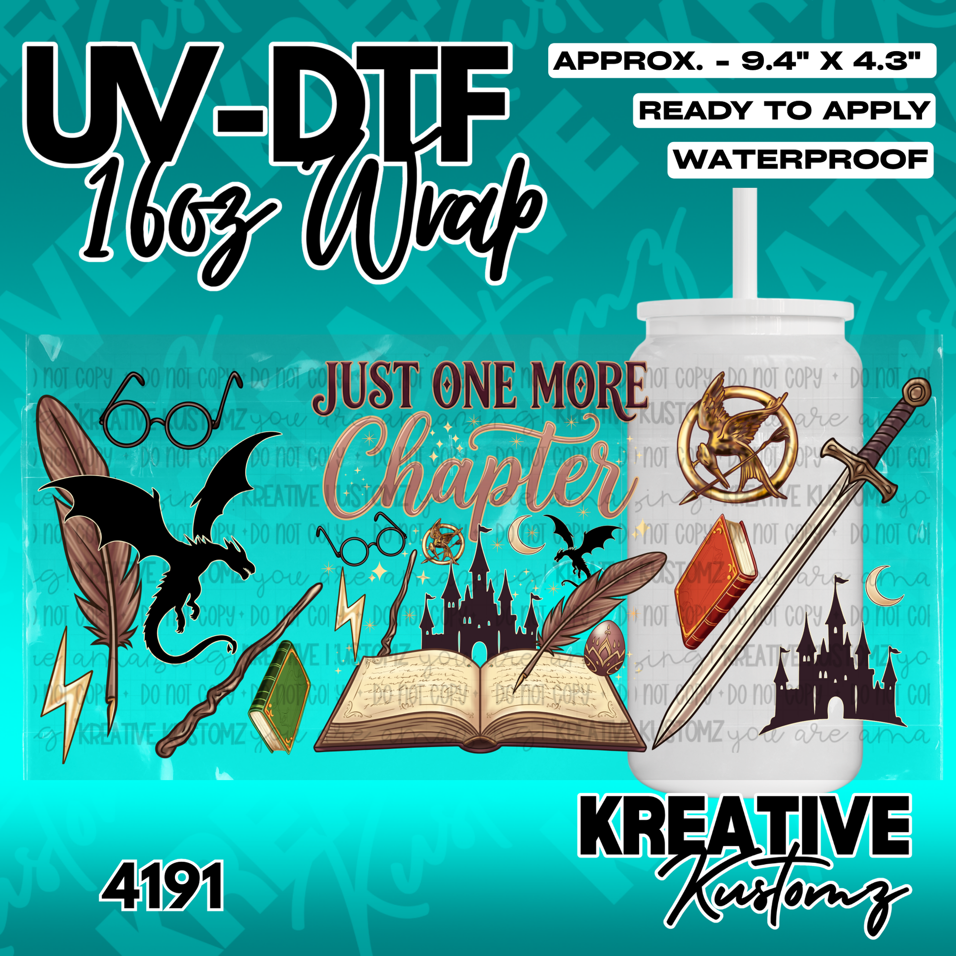 A book-themed UV DTF adhesive wrap for a 16oz glass cup featuring fantasy icons and text.