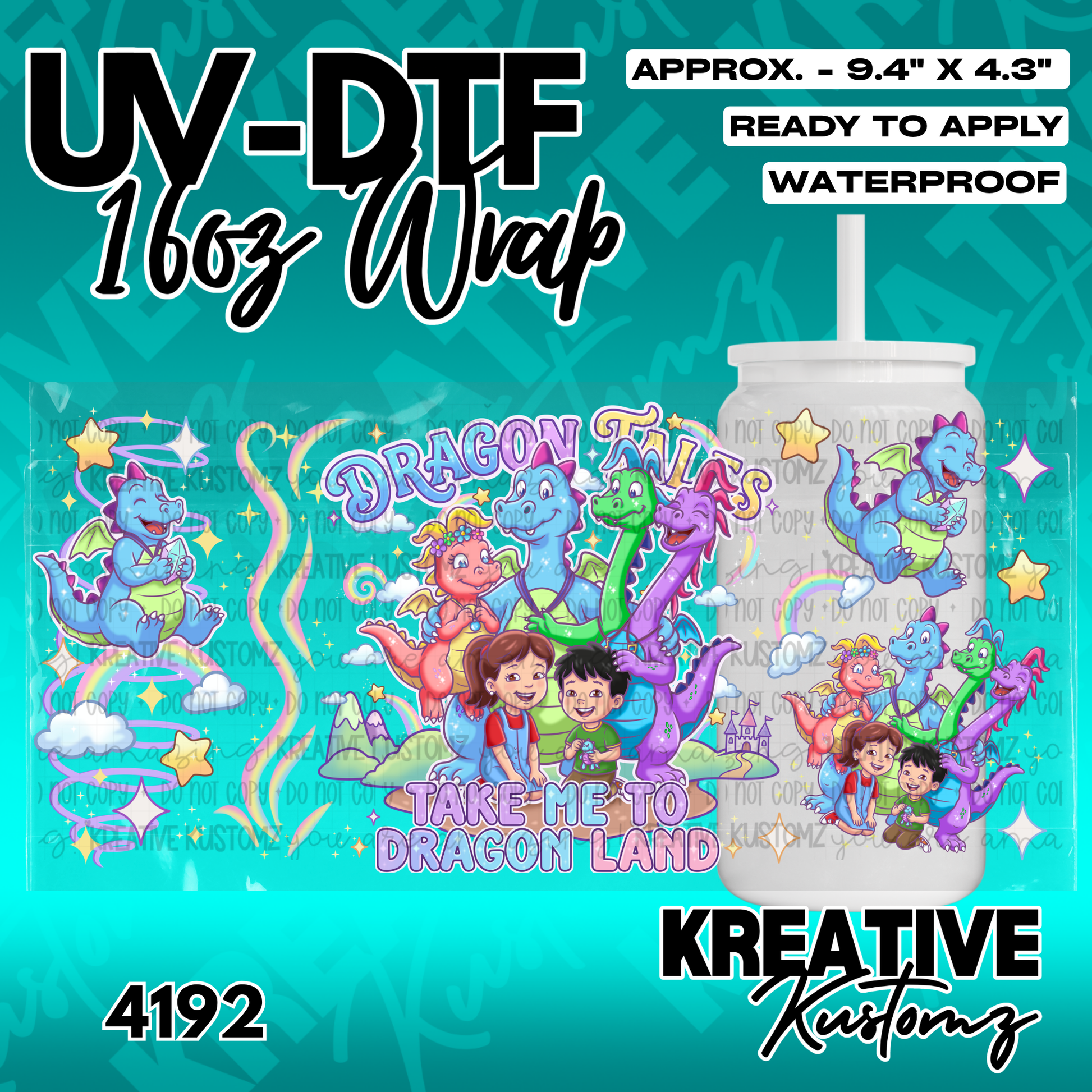 A UV DTF adhesive wrap for a 16oz glass cup featuring a colorful Dragon Tales cartoon design.
