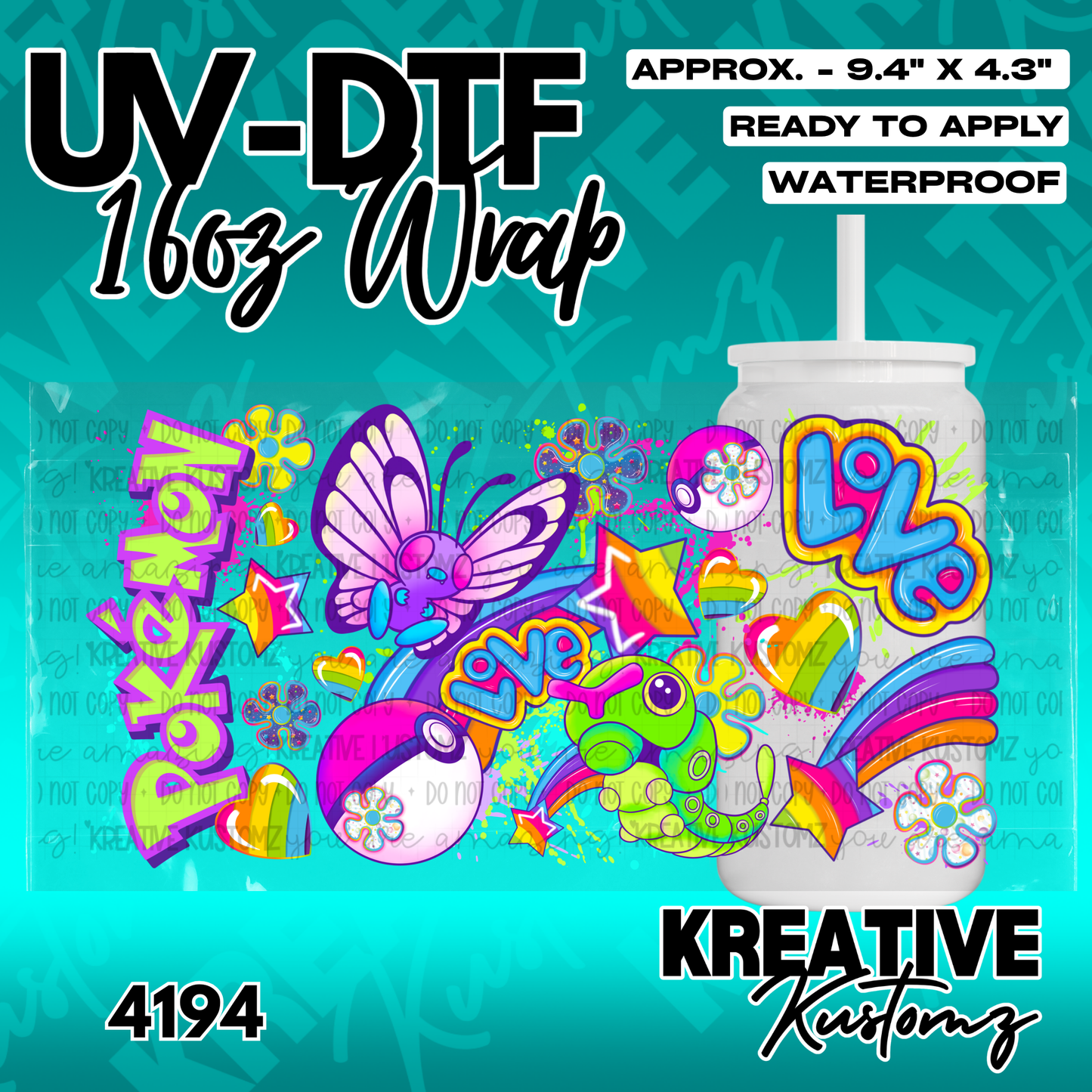 A colorful Pokemon-themed UV DTF decal wrap for a 16oz glass can.
