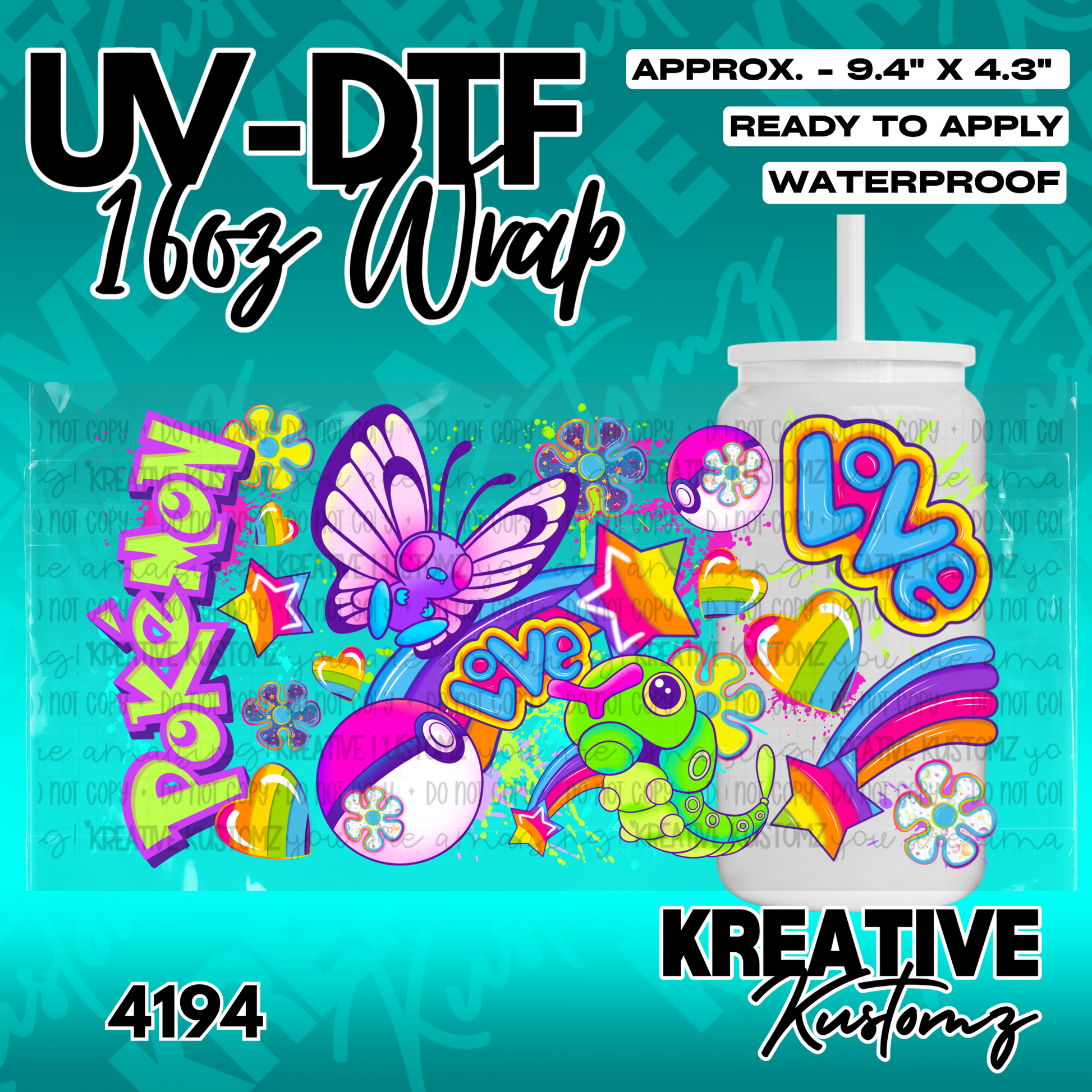 A colorful Pokemon-themed UV DTF decal wrap for a 16oz glass can.