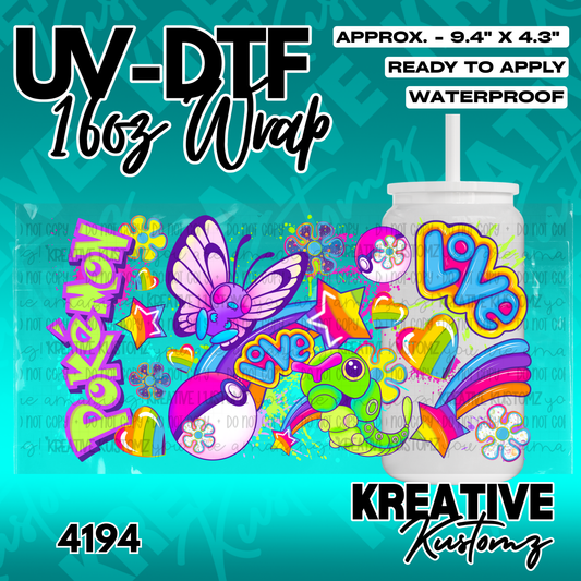 A colorful Pokemon-themed UV DTF decal wrap for a 16oz glass can.