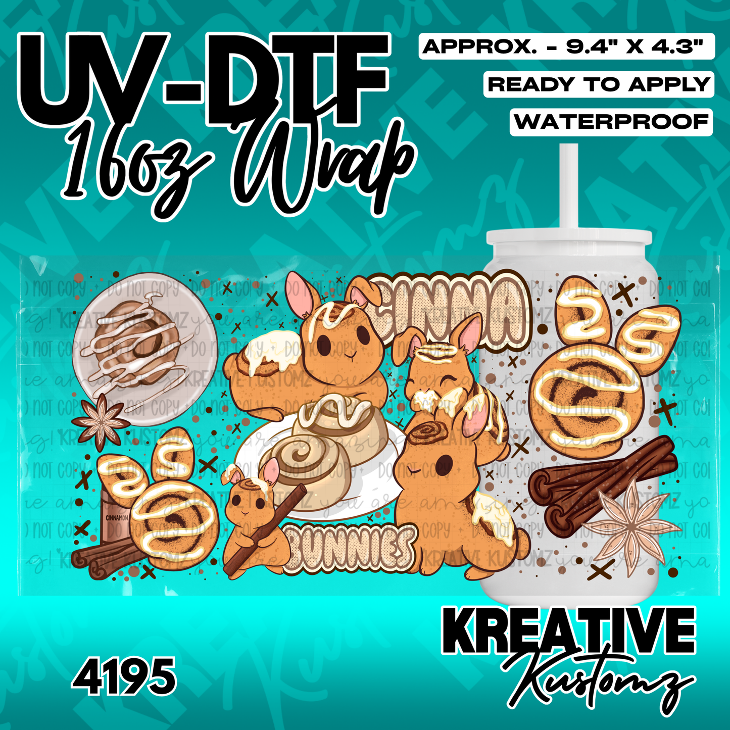 A UV DTF adhesive wrap for 16oz glass cups featuring a cinnamon bunny theme.