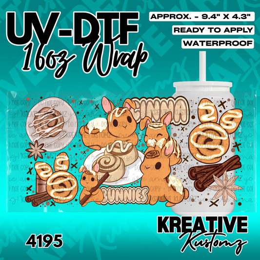 A UV DTF adhesive wrap for 16oz glass cups featuring a cinnamon bunny theme.
