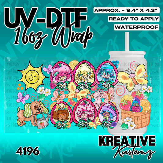A colorful UV DTF adhesive wrap featuring cartoon characters and fruit for a 16oz glass cup.