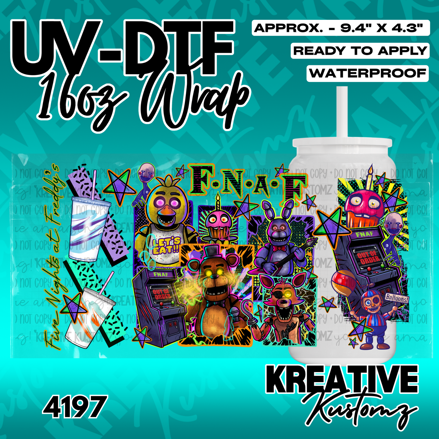 A Five Nights at Freddys themed UV DTF adhesive wrap for a 16oz glass cup.