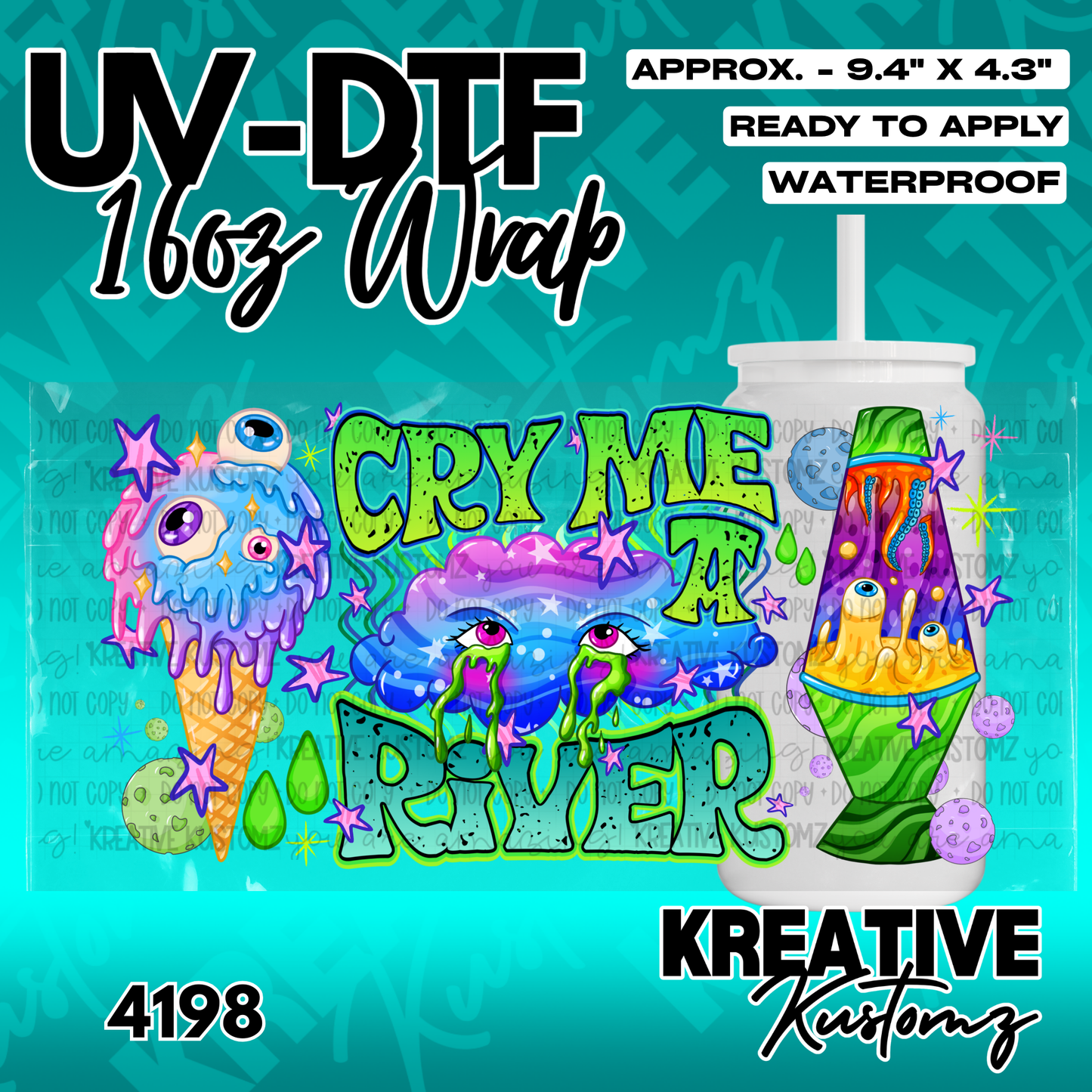 A colorful UV DTF cup wrap featuring a melting ice cream, a crying cloud, and a lava lamp.