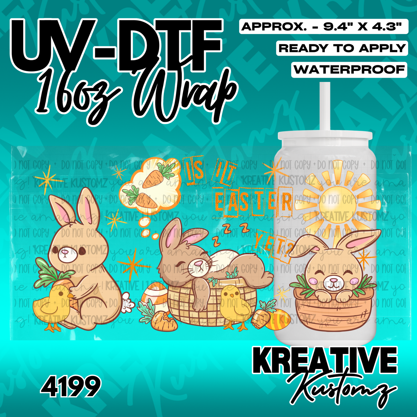 An Easter themed UV DTF adhesive wrap for 16oz glass cans featuring bunnies and chicks.
