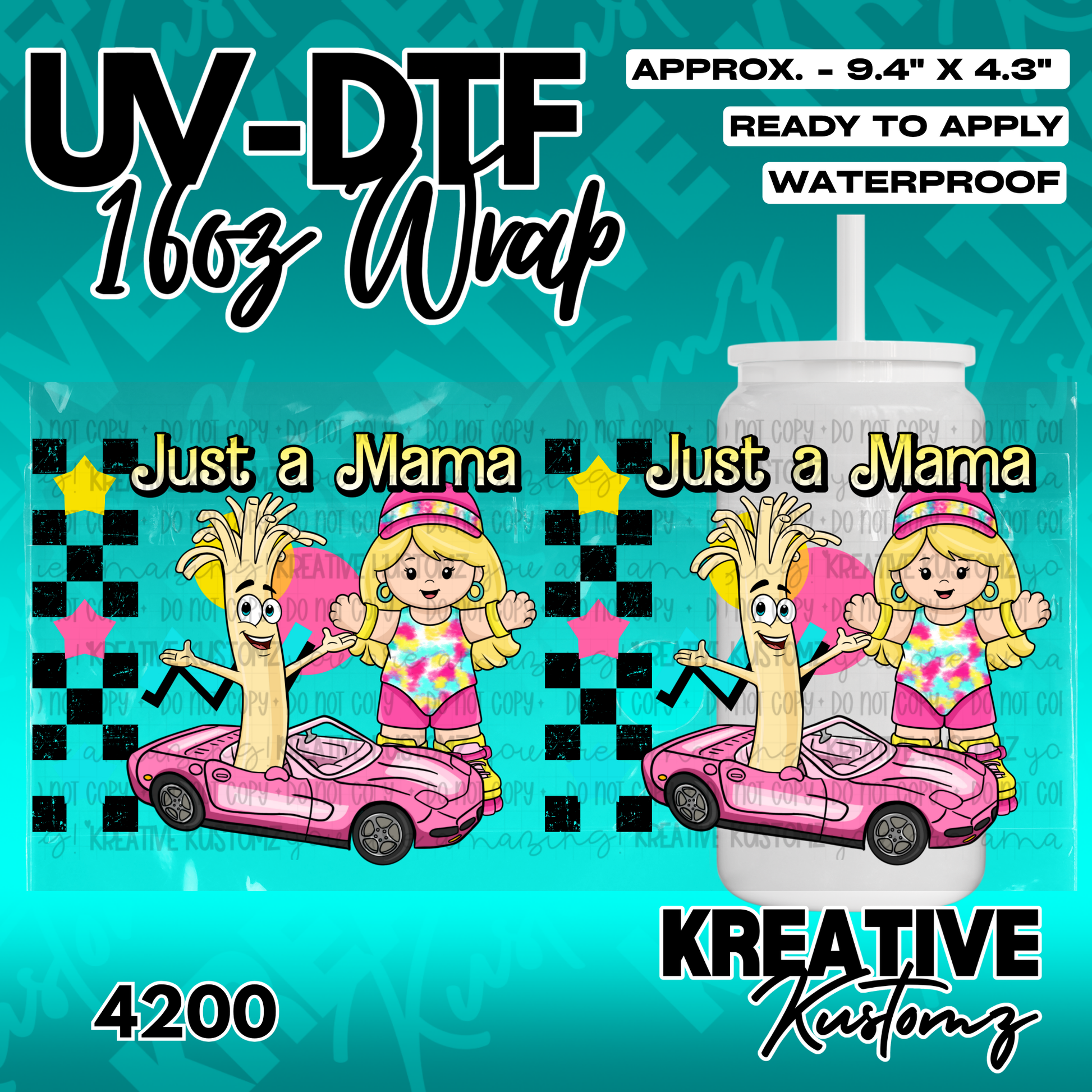 A UV DTF adhesive wrap for 16oz glass cans featuring a cartoon girl and character in a pink car.
