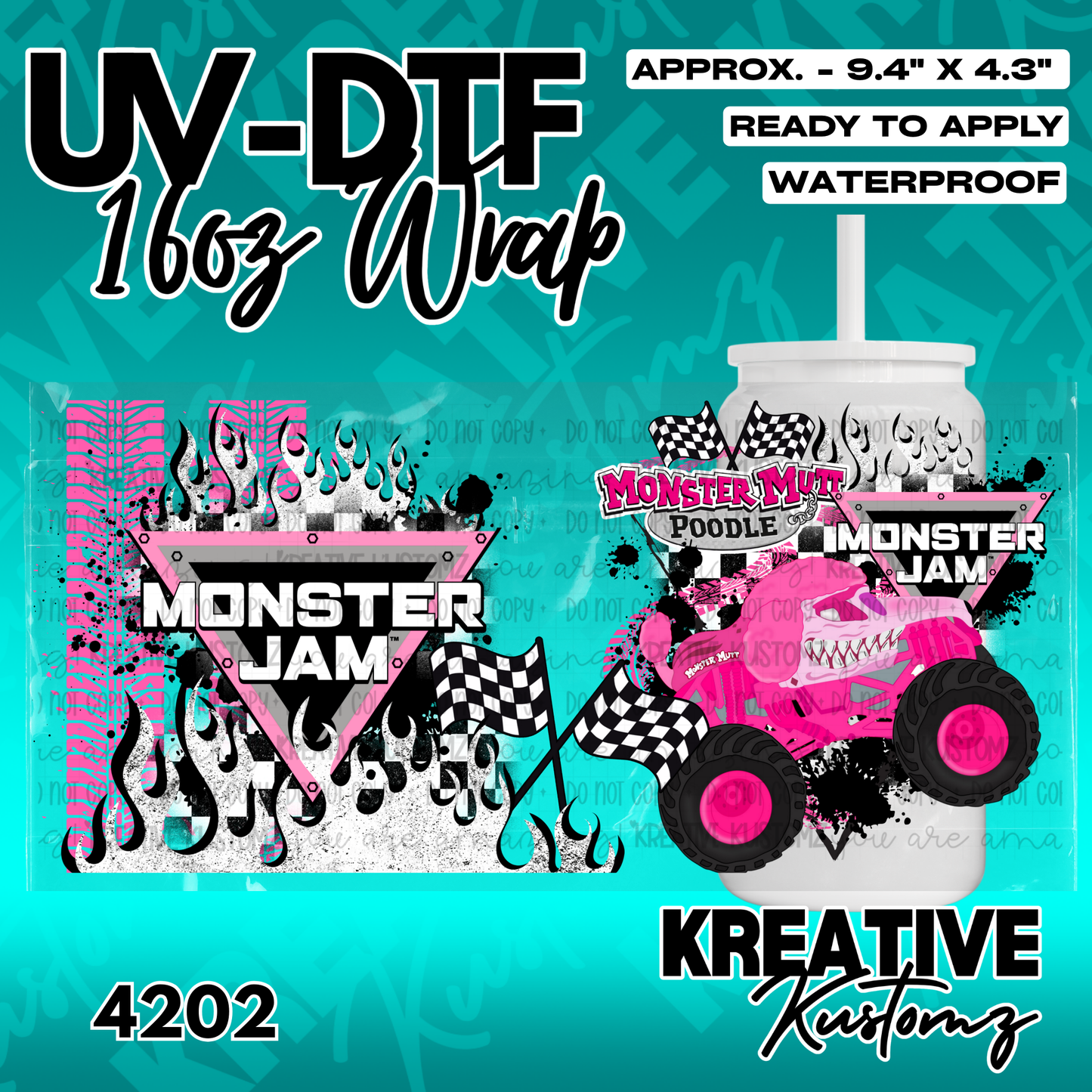 A Monster Jam themed UV DTF adhesive wrap for a 16oz glass can featuring a pink monster truck.