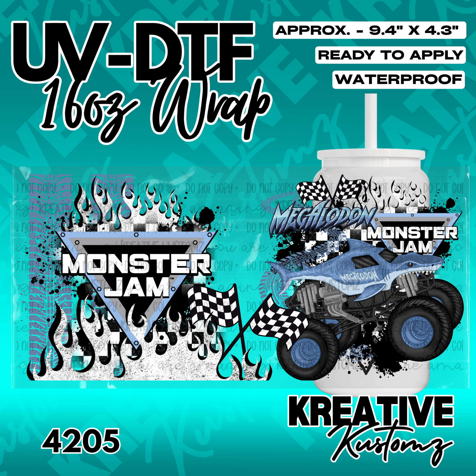 A Monster Jam Megalodon themed UV DTF adhesive wrap for a 16oz glass cup.