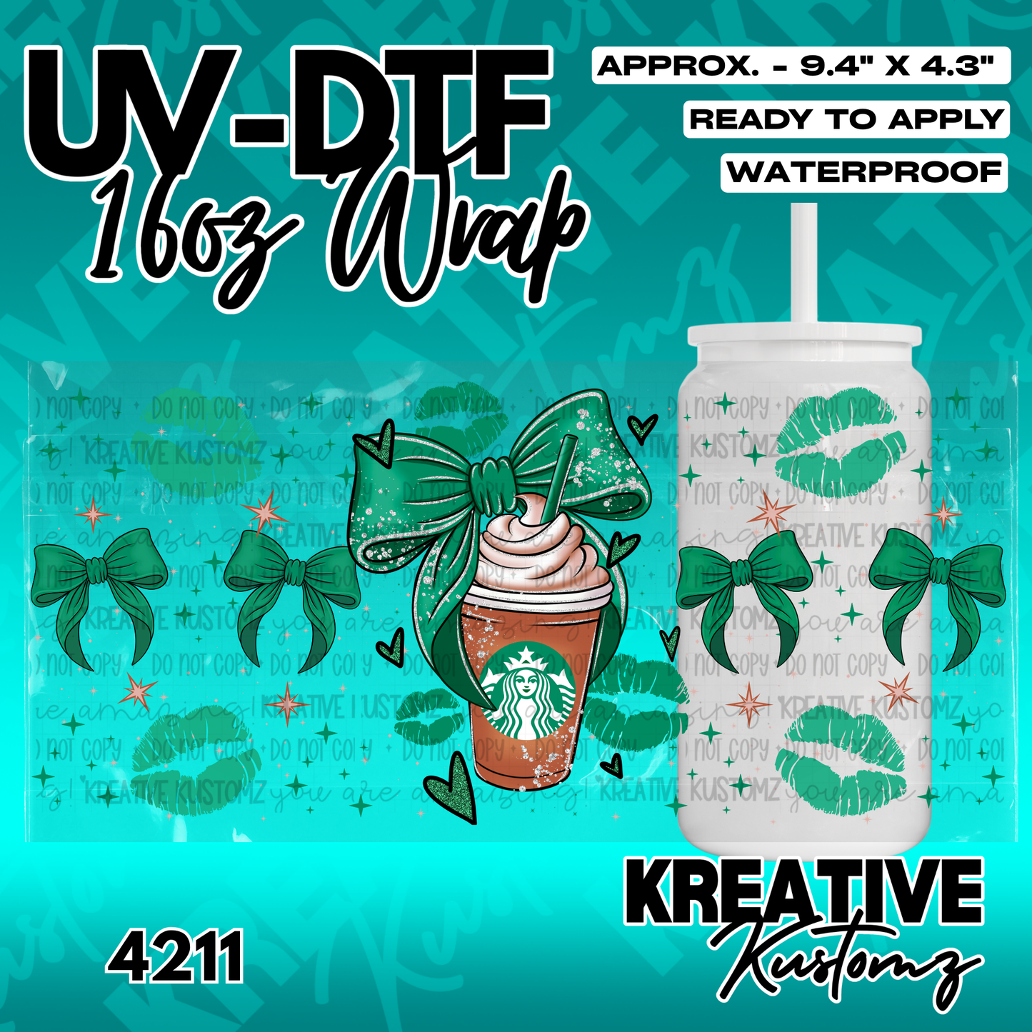 A UV DTF adhesive wrap for a 16oz glass cup featuring a coffee drink, green bows, and lip prints.