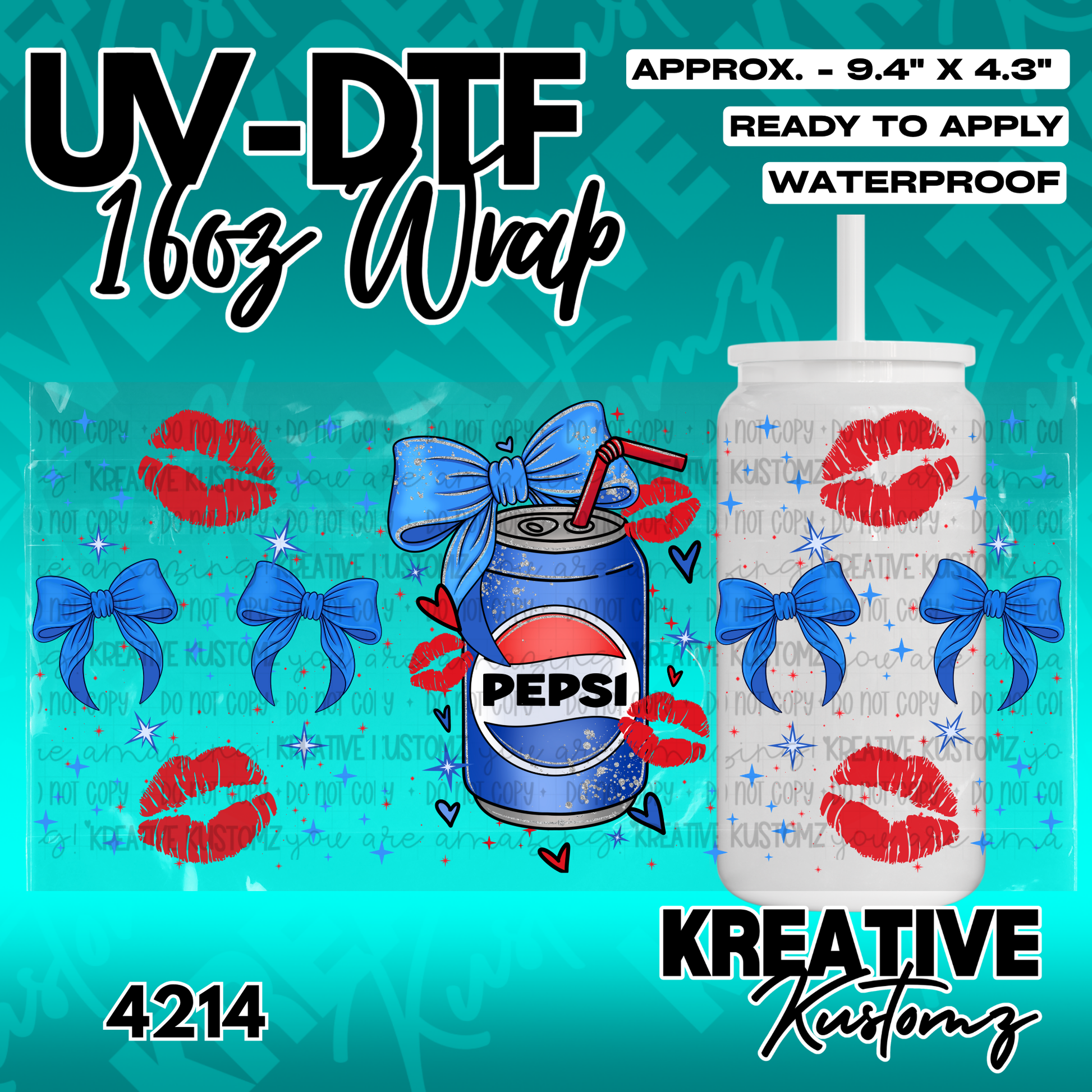 A UV DTF adhesive wrap for 16oz glass cans featuring a Pepsi soda can, blue bows, and red lips.