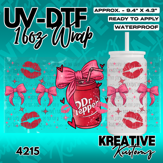 A UV DTF adhesive wrap for 16oz glass cans featuring a Dr Pepper soda can, pink bows, and lips.