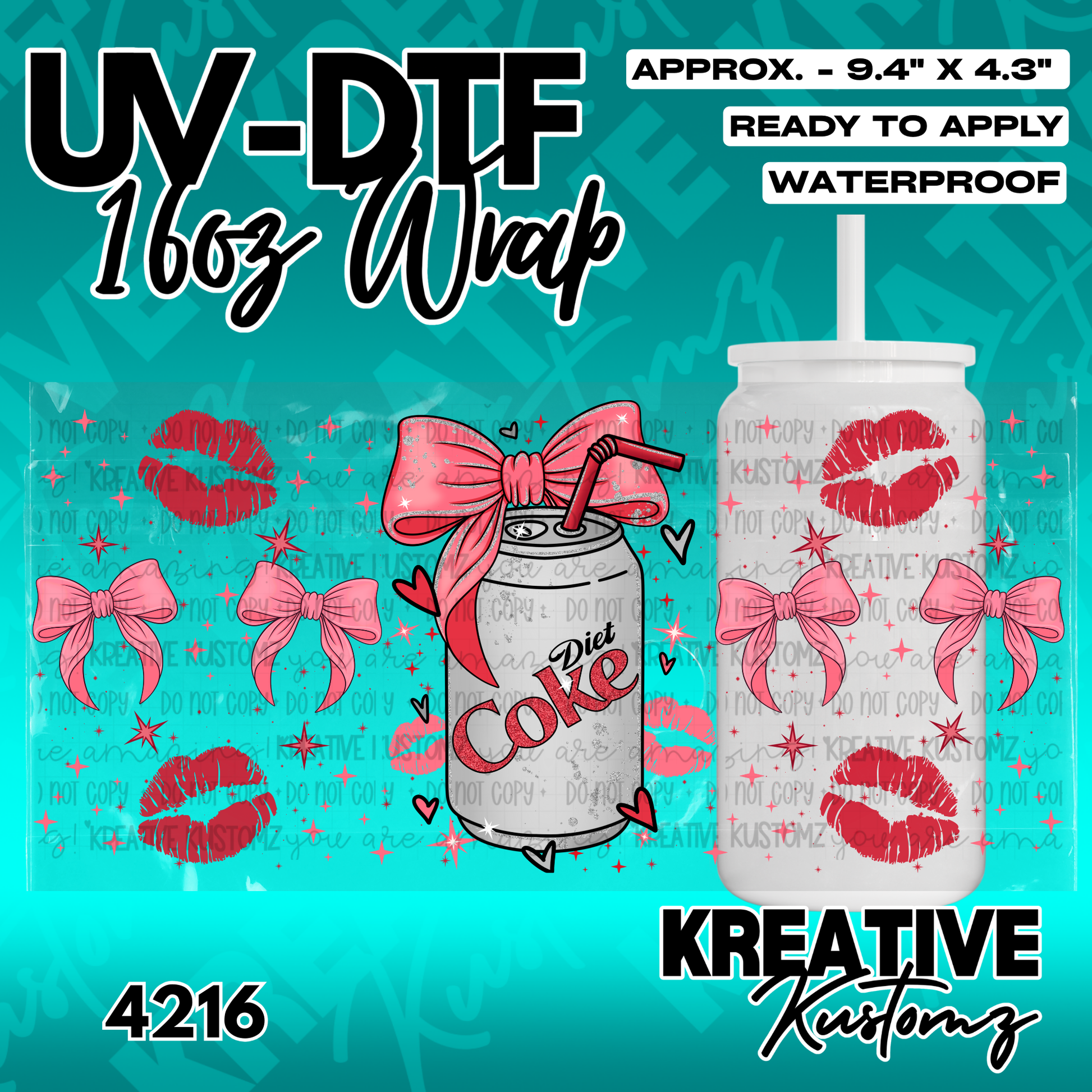 A UV DTF cup wrap featuring a Diet Coke can, pink bows, and red lips on a clear background.