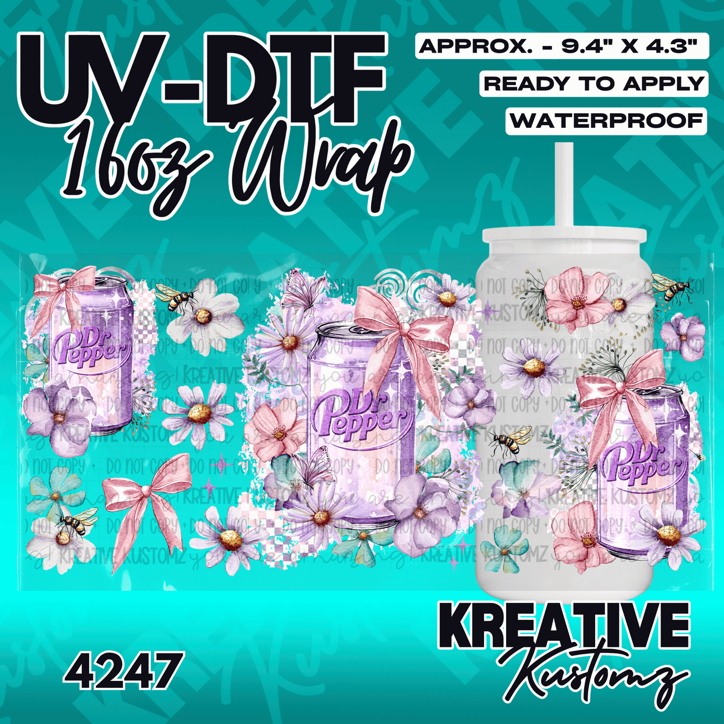 A floral UV DTF adhesive wrap for 16oz glass cans featuring purple soda cans, bows, and bees.