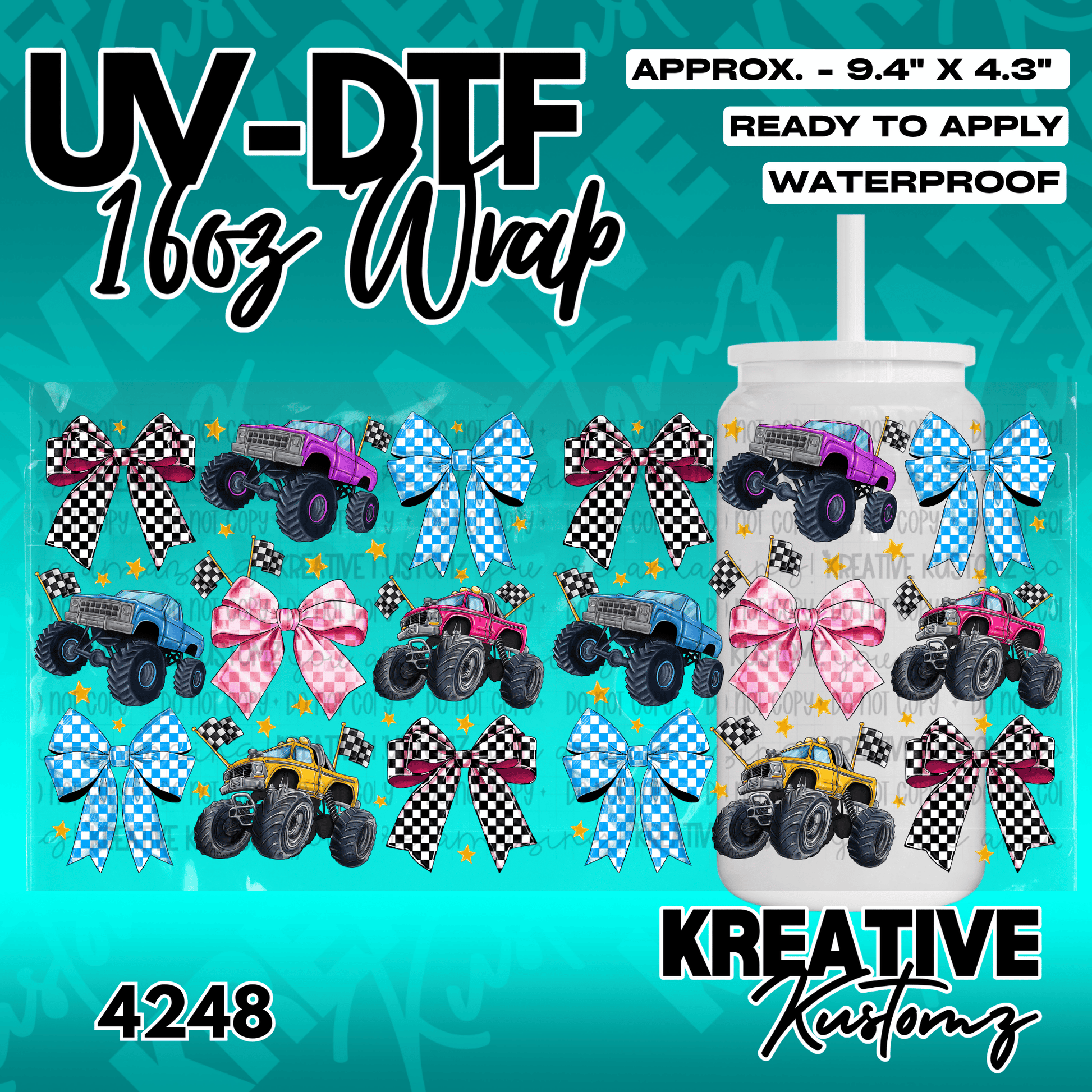 A UV DTF adhesive wrap for 16oz glass cans featuring monster trucks, checkered bows, and stars.