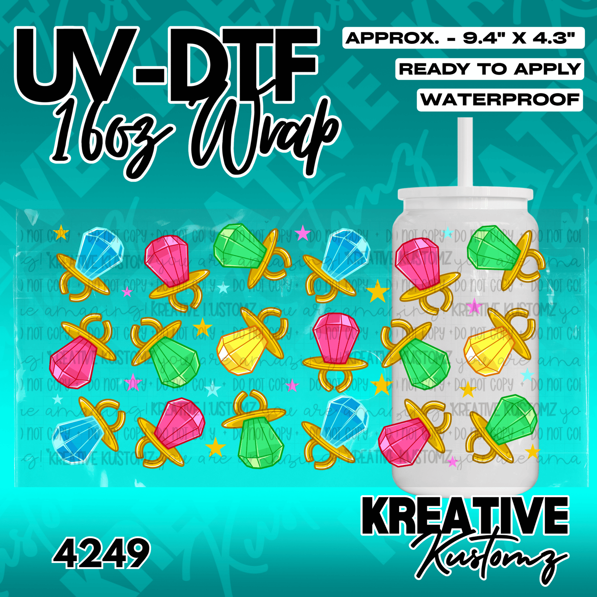 A UV DTF adhesive wrap for a 16oz glass cup featuring a pattern of colorful ring pop candies.
