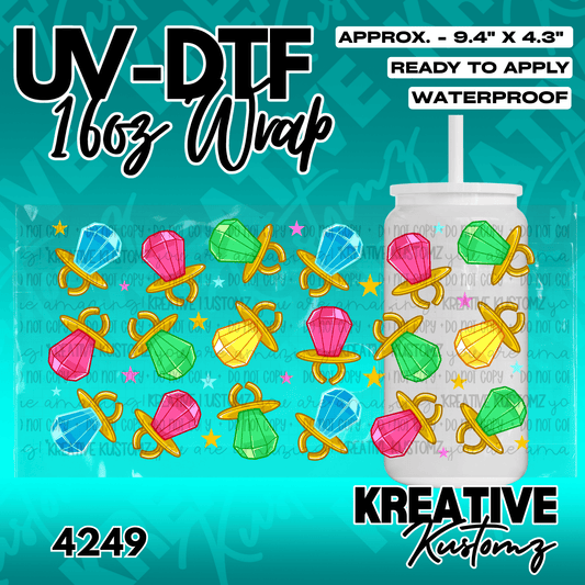 A UV DTF adhesive wrap for a 16oz glass cup featuring a pattern of colorful ring pop candies.