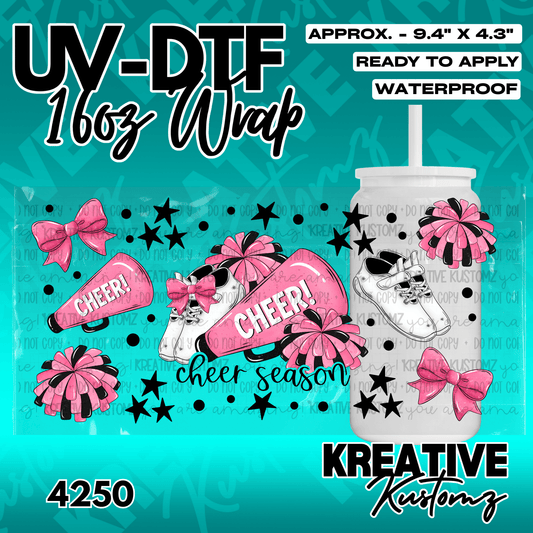 A cheer-themed UV DTF adhesive wrap featuring pink megaphones, pom-poms, and bows.
