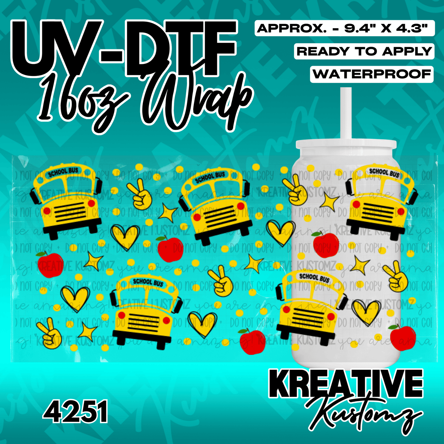 A school bus themed UV DTF wrap for a 16oz glass can featuring buses, apples, hearts, and peace signs.