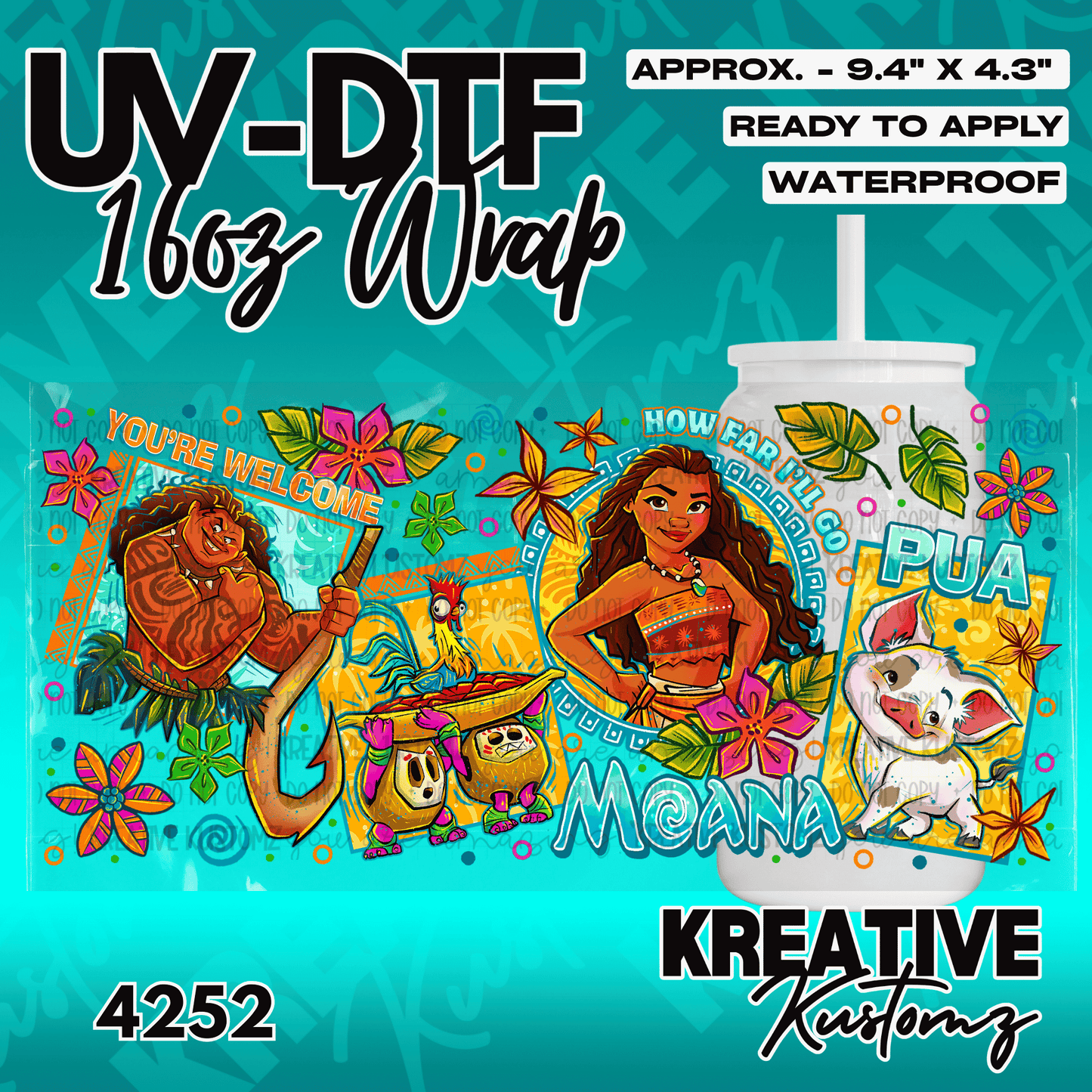 A Moana themed adhesive wrap for a 16oz glass cup featuring Maui, Moana, Pua, and Heihei.