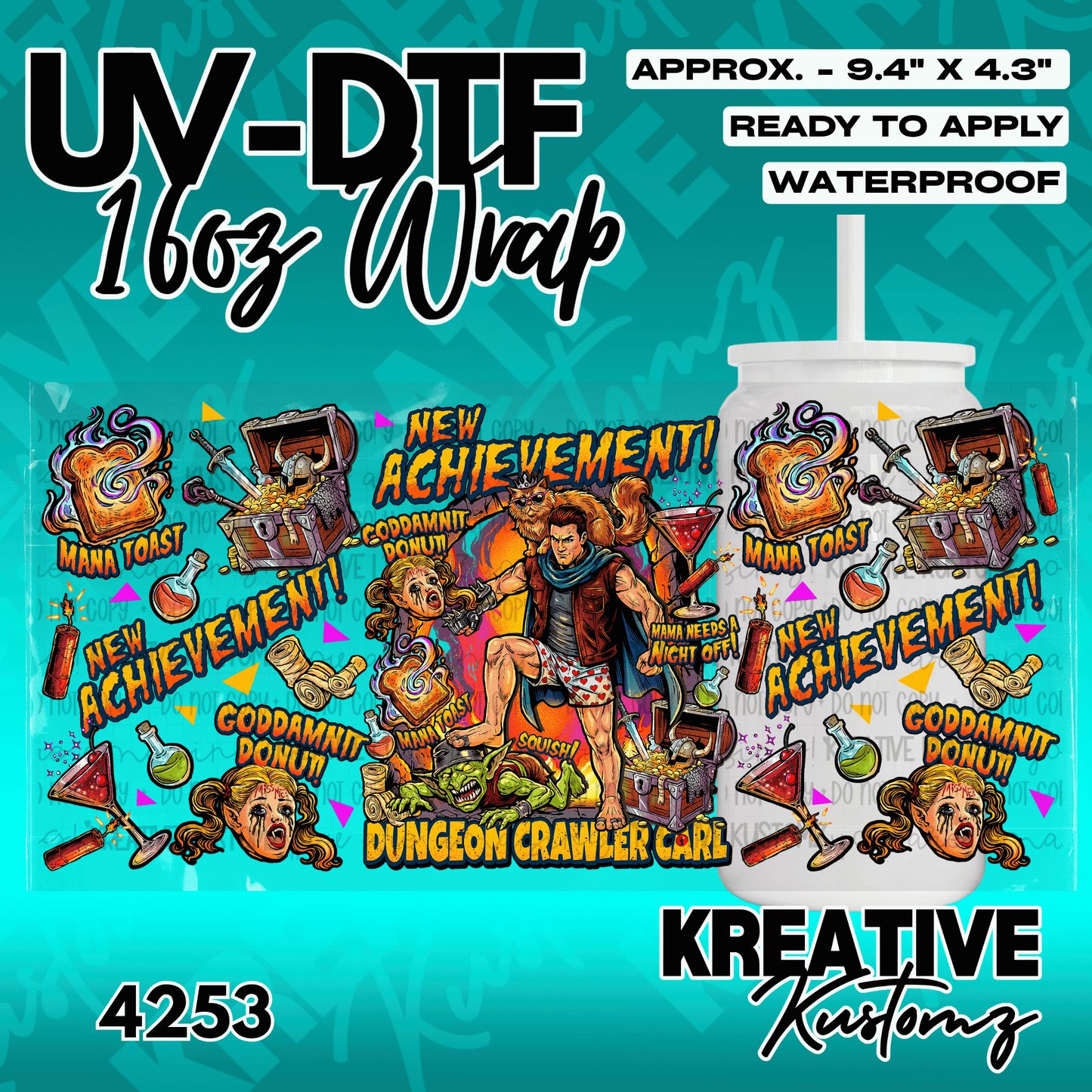 A Dungeon Crawler Carl themed adhesive wrap for a 16oz glass cup featuring fantasy illustrations.