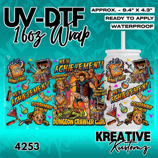A Dungeon Crawler Carl themed adhesive wrap for a 16oz glass cup featuring fantasy illustrations.