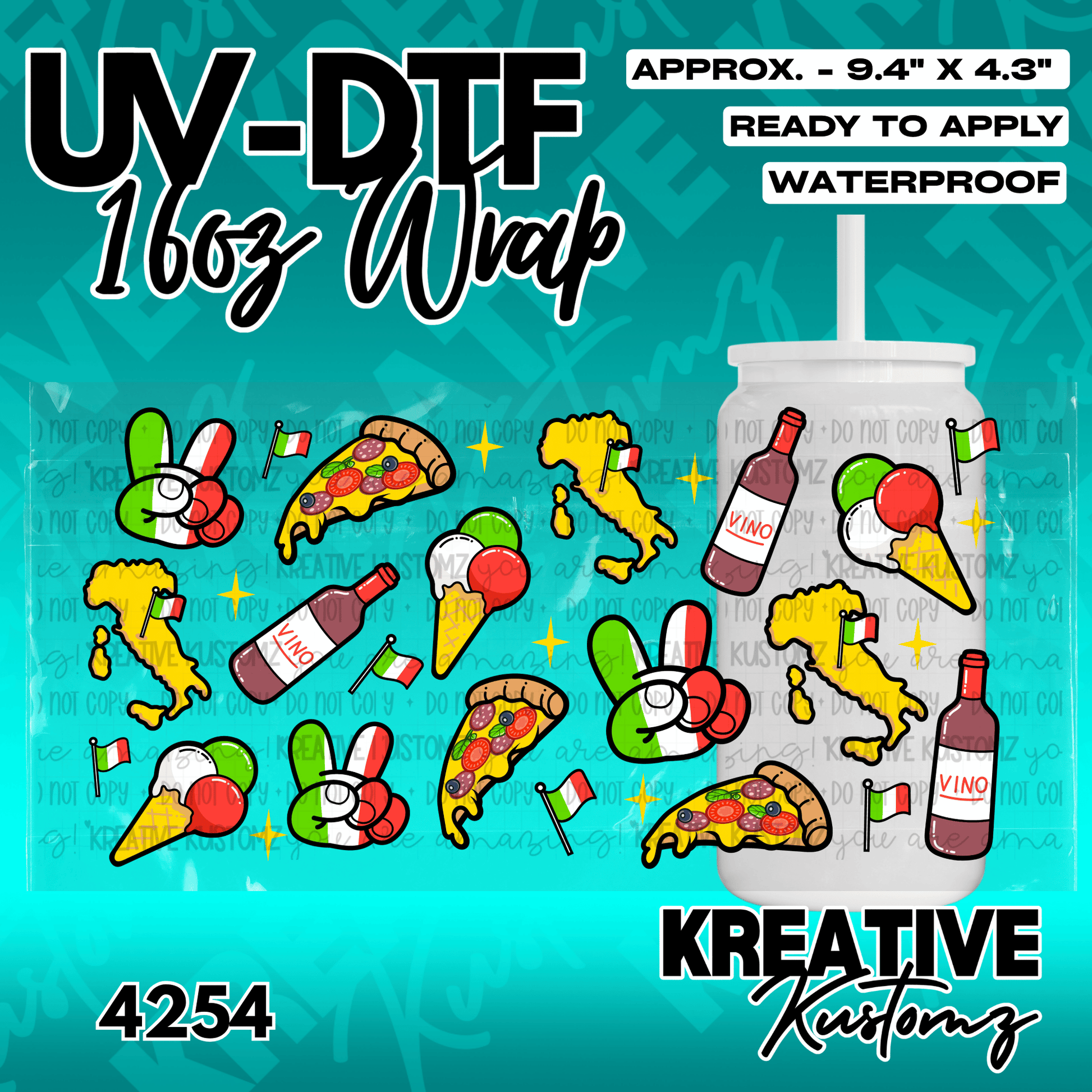 A UV DTF cup wrap featuring Italian-themed icons like pizza, wine, and gelato on a clear sheet.