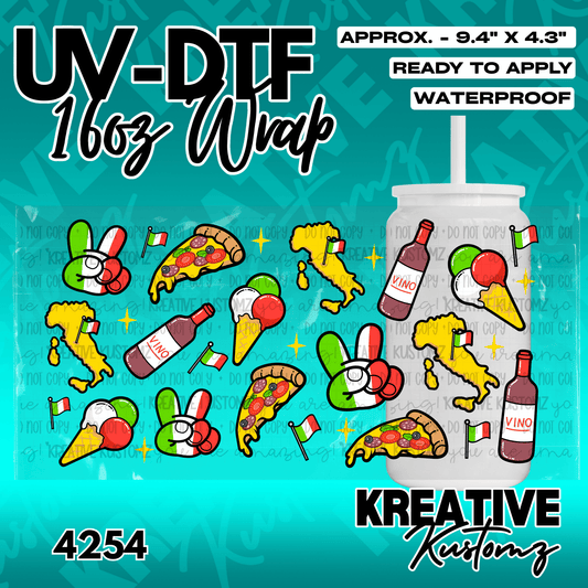 A UV DTF cup wrap featuring Italian-themed icons like pizza, wine, and gelato on a clear sheet.