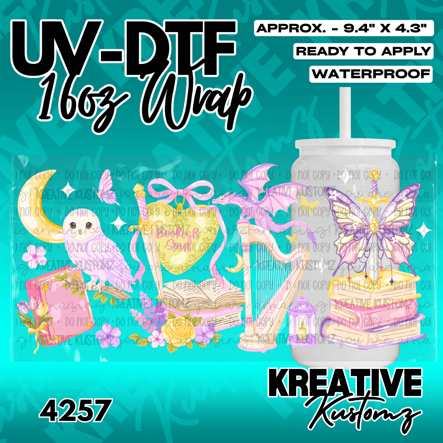 A fantasy-themed adhesive cup wrap featuring an owl, dragon, books, and butterflies.