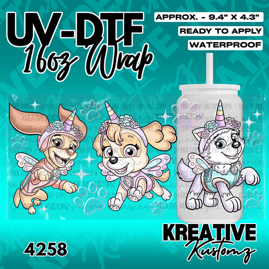 A UV DTF adhesive cup wrap featuring cartoon puppies dressed as unicorns with fairy wings.