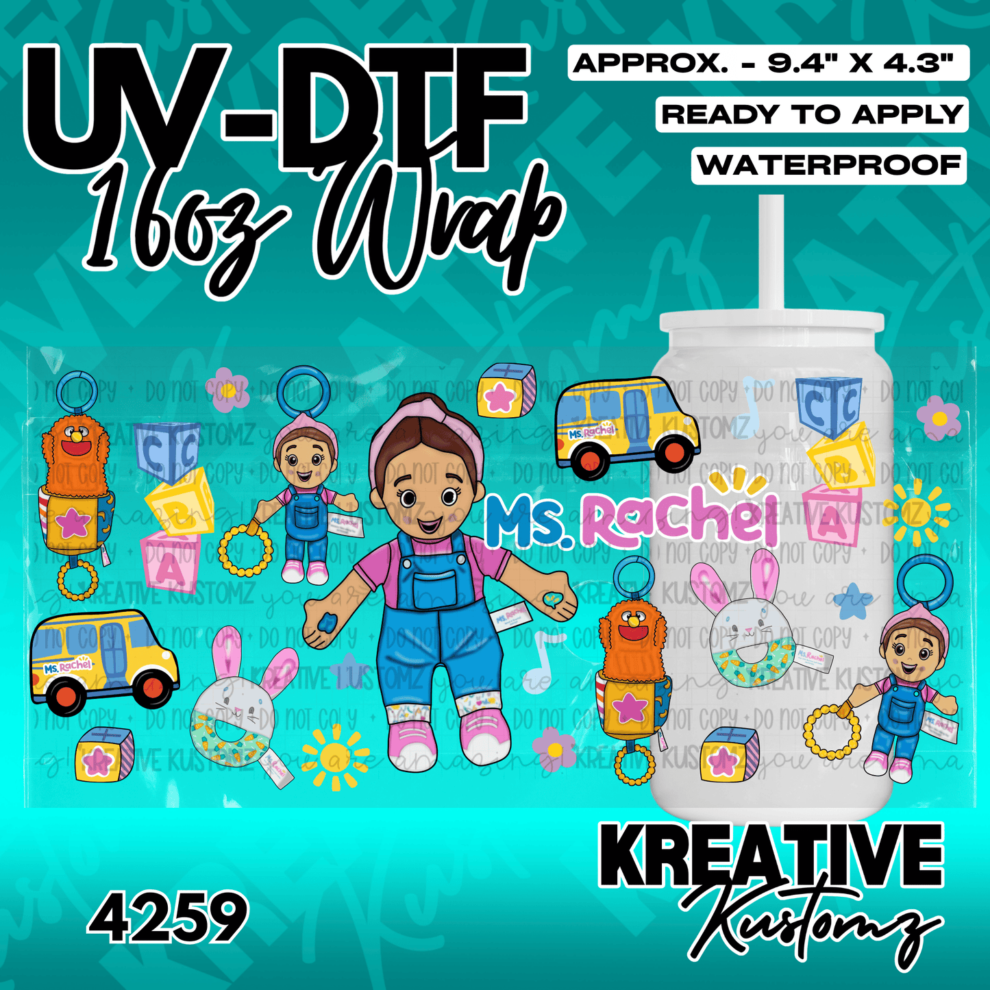 A Ms. Rachel themed UV DTF adhesive wrap for a 16oz glass cup featuring colorful character icons.