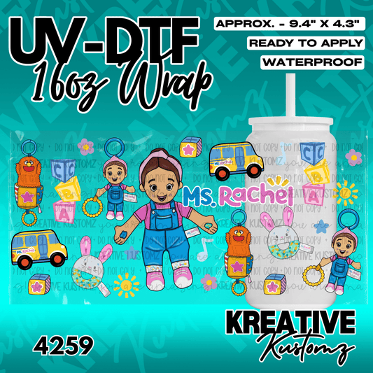 A Ms. Rachel themed UV DTF adhesive wrap for a 16oz glass cup featuring colorful character icons.