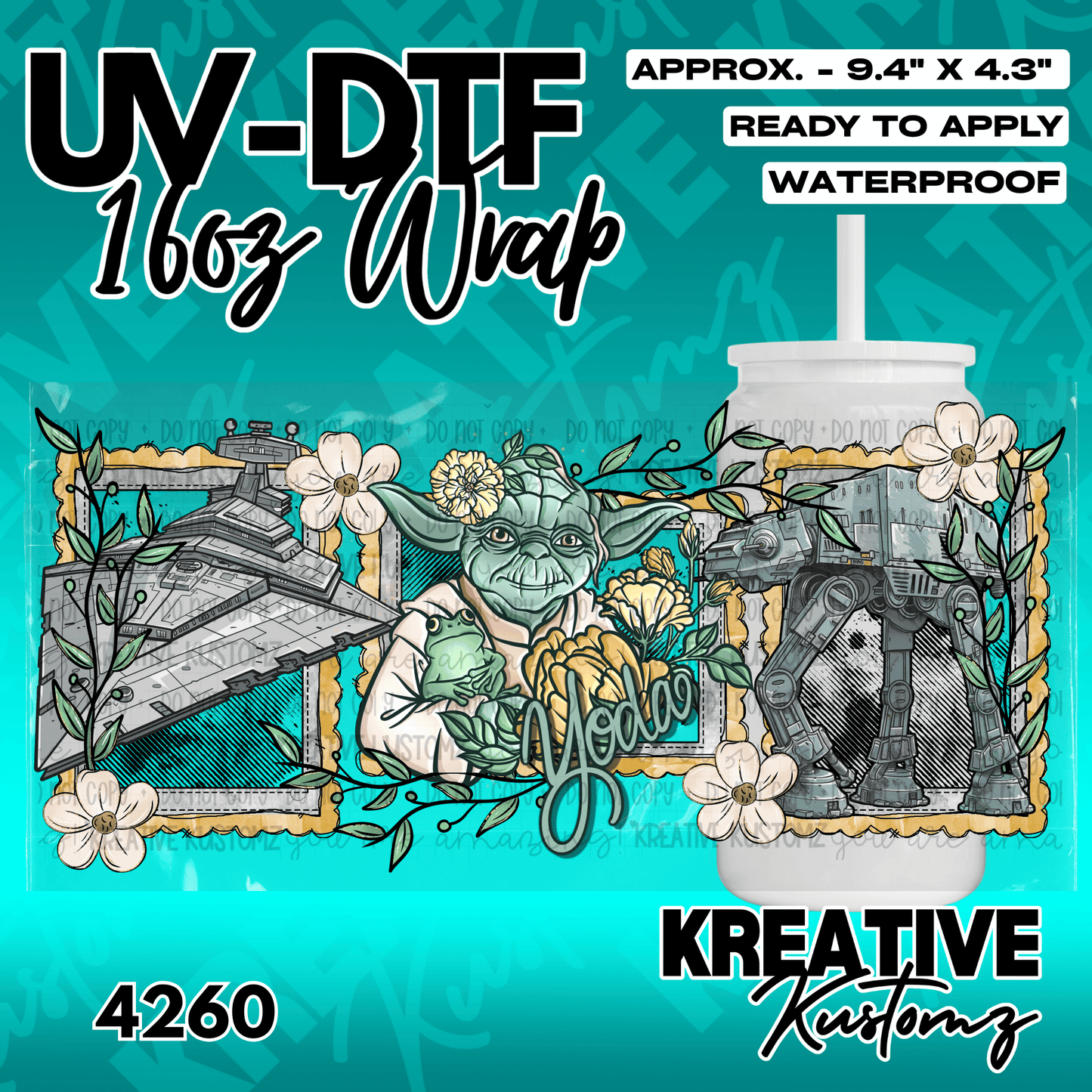 A floral Star Wars themed adhesive wrap for a 16oz glass cup featuring Yoda and imperial vehicles.