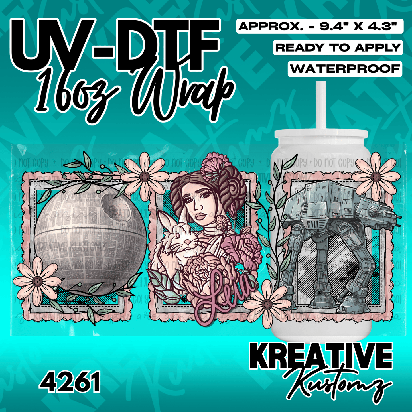 A floral Star Wars themed adhesive wrap for a 16oz glass can featuring Leia and space vehicles.