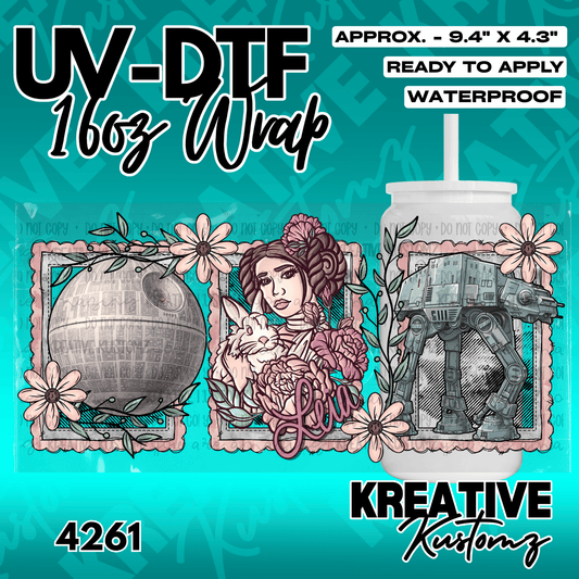 A floral Star Wars themed adhesive wrap for a 16oz glass can featuring Leia and space vehicles.