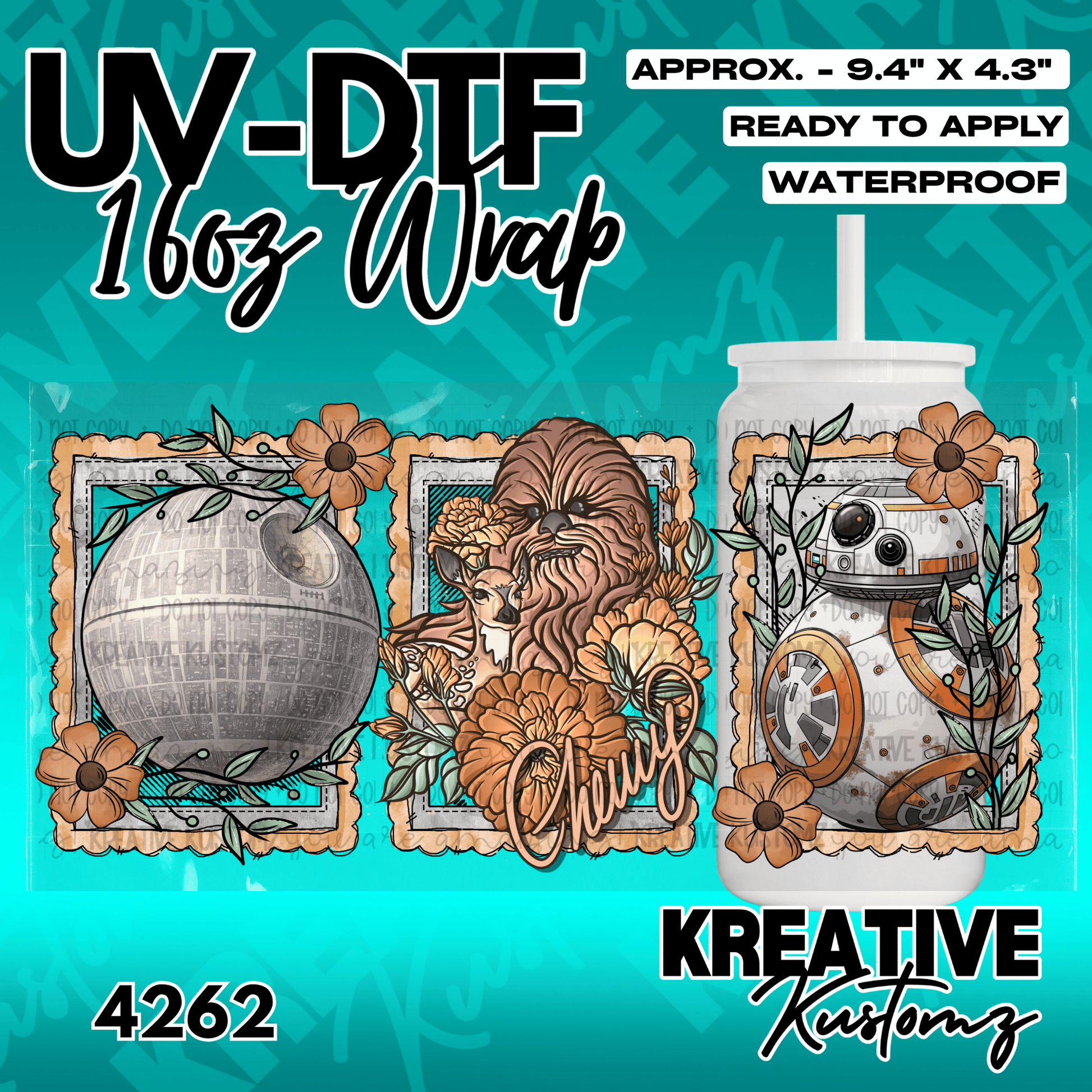A floral Star Wars themed UV DTF adhesive wrap for a 16oz glass can.