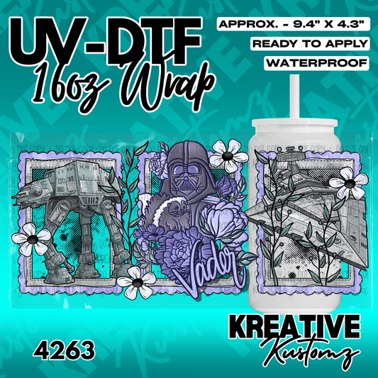 A Star Wars themed UV DTF adhesive wrap featuring Darth Vader, an AT-AT, and a starship.