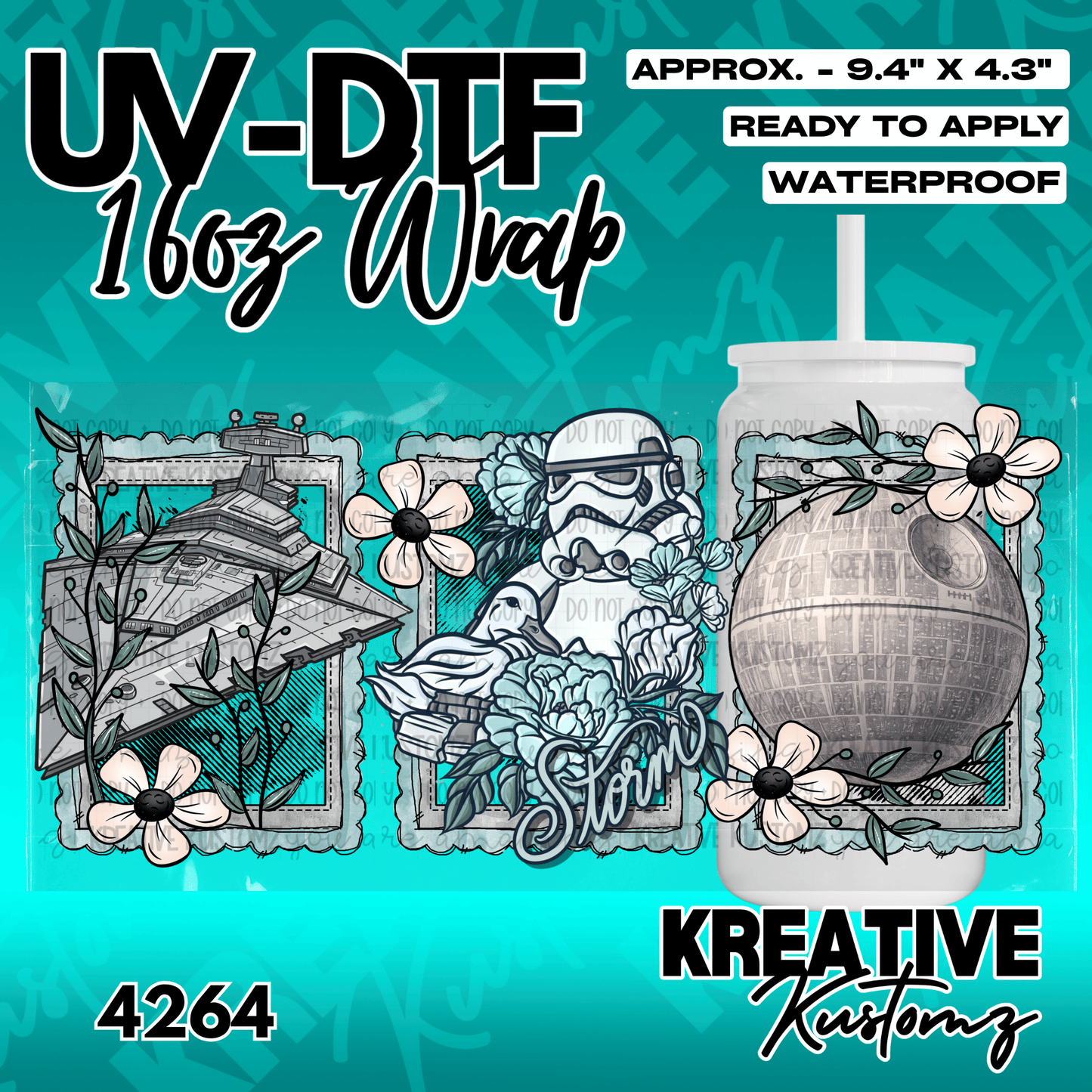 A Star Wars themed adhesive cup wrap featuring a star destroyer, stormtrooper, and death star.