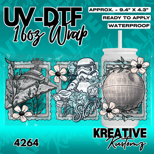 A Star Wars themed adhesive cup wrap featuring a star destroyer, stormtrooper, and death star.