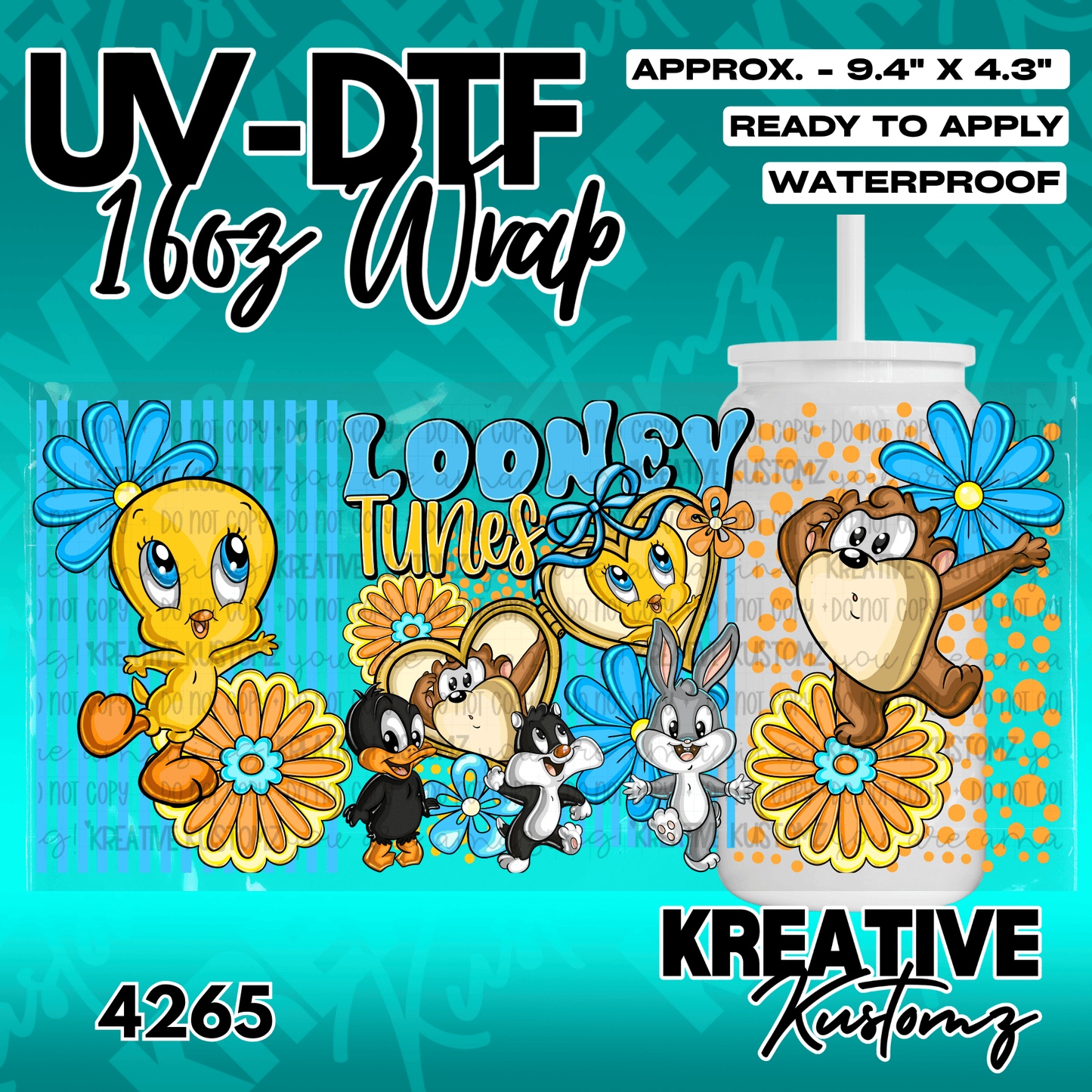 A Looney Tunes themed UV DTF wrap for a 16oz glass cup featuring cartoon characters and flowers.