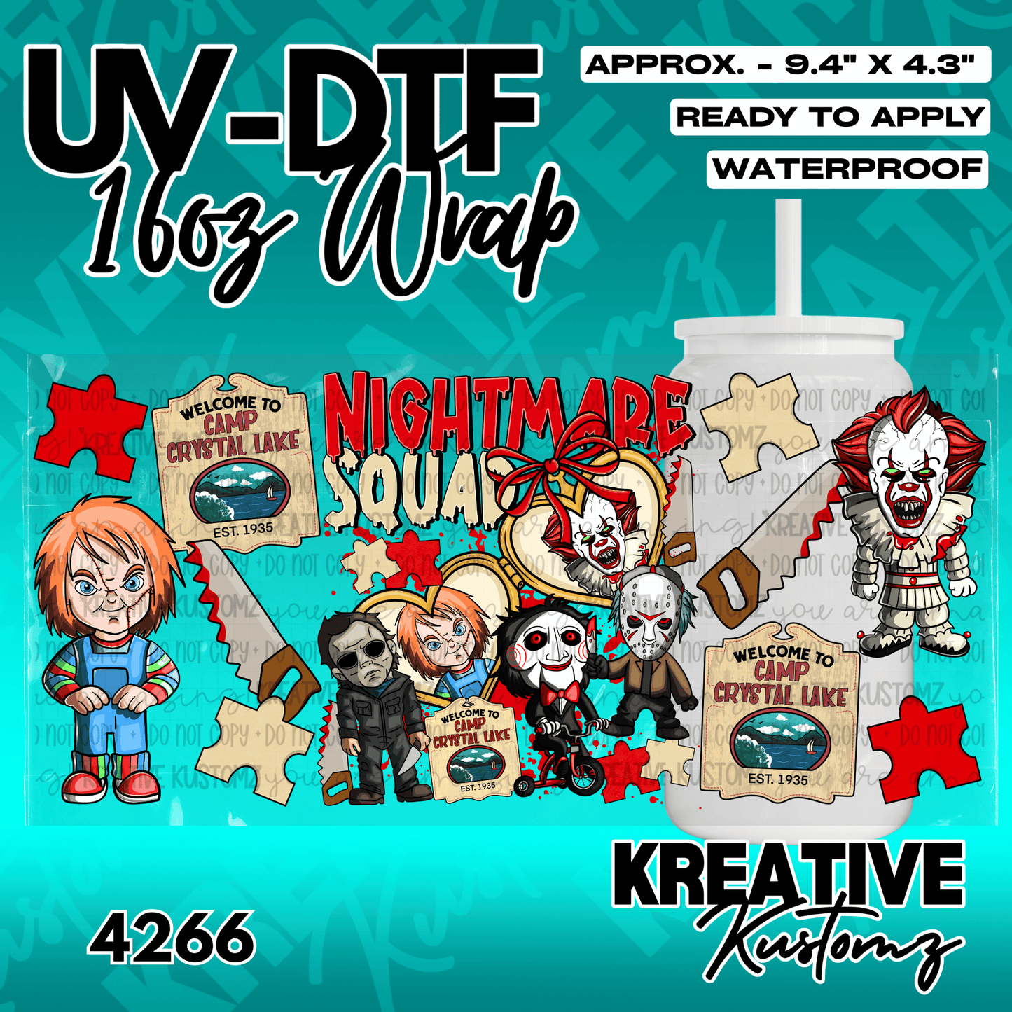 A horror-themed UV DTF cup wrap featuring cartoon versions of iconic movie villains.
